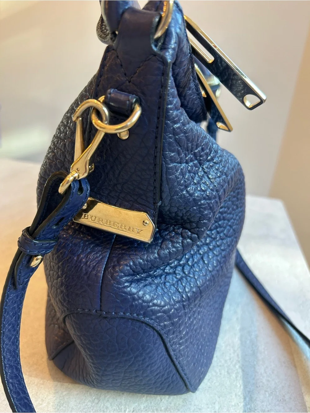 Burberry Cobalt Blue Pebbled Leather Shoulder Bag with Gold Hardware